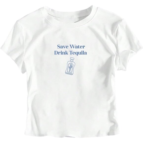 Women's Y2K Slim Fit Crop Top Tequila Print Short Sleeve Casual - Picture 3 of 5